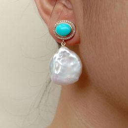 Stud Earrings YYGEM Office Style 19x21mm Freshwater Cultured White Keshi Pearl Coin Shape Blue Turquoise Cz Pave Dangle