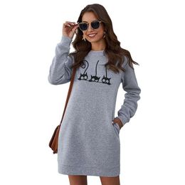 Dresses New Cat Embroidery Sweatshirt Dresses Women Autumn Winter O Neck Long Sleeve Loose Pocket Plus Size Ladies Mini Dress Vestidos