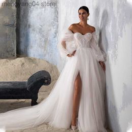 Party Dresses Vintage Long Puff Sleeves Sweetheart Lace Applique Soft Tulle A Line Wedding Dresses Side Slit Boho Long Train Boda T230502