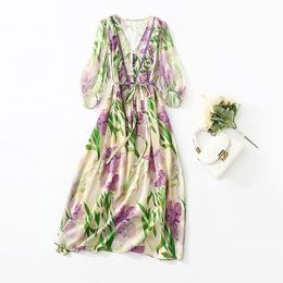 2023 Summer Multicolor Floral Print Panelled Silk Dress 3/4 Sleeve V-Neck Buttons Midi Casual Dresses C3A255073