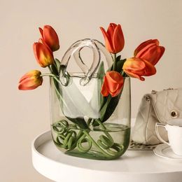 Vases Clear Glass Bag Vase Creative Fish Tank Decor Bubble Flower Handbag Bag Vase Desktop Centerpiece Home Decor Wedding Tulip Basket 230428