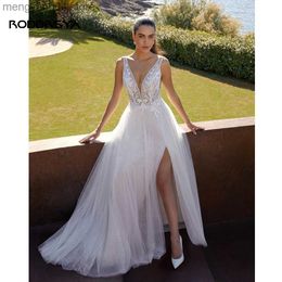 Party Dresses RODDRSYA Sexy V-Neck A-Line Wedding Dress High Split Sequined Lace Applique Strapless Tulle Bridal Gown Flower Vestido De Noiva T230502