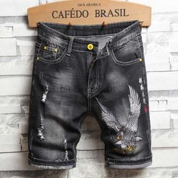 Men's Shorts Summer Men's Shorts Jeans Knee Length Ripped Hole Chinese Style Eagle Embroidery Denim Shorts Male Five-point Pants T230502