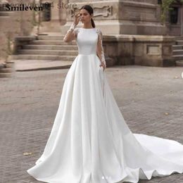 Party Dresses Smileven Elegant Satin Wedding Dresses Long Sleeve Lace Bride Gown Illusion Back Wedding Gown Covered Back Vestido de novia 2020 T230502