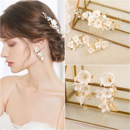 Hair Clips Light Gold Colour Ceramic Flower Comb With Millet Beads Alloy Leaf Exquisite Handmade Wedding Earring Set