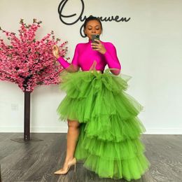 Dresses Fresh Grass Green High Low Tiered Tulle Maxi Skirts To Prom Party Fluffy Puffy Long Women Tulle Skirt Custom Made Mesh Bottom