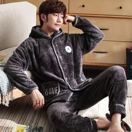 Men's Sleepwear Men Warm Pajamas Set Flannel Thicken Winter Soft Hooded Cardigan Casual Fashion Letter Embroidery Pocket Home Wear