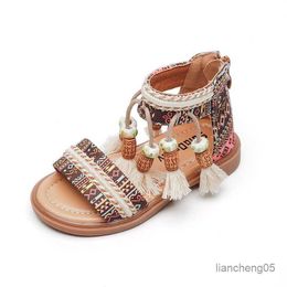 Sandals Children's Fashion Ethnic Retro High Top Girls Sandals Simple Breathable Flat Floor Pattern 2023 Summer New Kids Princess Shoes