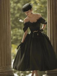 Little Black Dress Vintage 1920s' Tea-length Prom Occasion Dresses 3D Rose Floral Off Shoulder Puffy Skirt Evening Gown