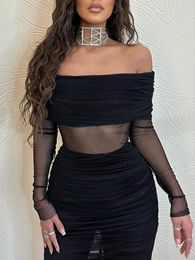 Casual Dresses Mesh Sheer Off Shoulder Maxi Dress Women Elegant Long Sleeve Ruched Body Black Sexy Birthday Retro High Stretch Part