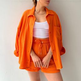 Women's two-piece crepe lapel long-sleeved shirt high waist drawstring shorts large size fashion casual suit