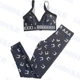 Full Letter Printed Swimwear Womens Yoga Set V Neck Bra High Waisted Pants Classic Black Ladies Swimsuit