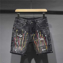 Men's Shorts Black Grey Men's Straight Denim Shorts Summer New Elastic Fashion Spray Paint Hip Hop Youth Short Jeans Streetwear T230502