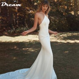 Party Dresses DREAM Crepe Elegant Halter Sleeveless Sheath Wedding Dress For Women Plain Simple Backless Sweep Train Bridal Gown T230502