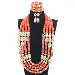 Necklace Earrings Set Luxury Women Costume Coral Beads Wedding Plated Accessories Jewellery CNR751