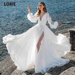 Party Dresses Beach Chiffon Wedding Dresses White 2020 Long Puffy Sleeve V-neck High Slit Bridal Gowns Open Back Wedding Party Dresses T230502