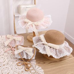 Hats Baby Girls Straw Hat Handbag Set Kids Women Summer Beach Bucket Cap Parent-Child Wide Brim Lace Sun