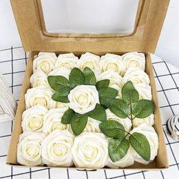 Decorative Flowers 25pcs Artificial Foam Roses With Stems And Leaves DIY Wedding Bouquet Valentines Day Flower Gift Box Supplies