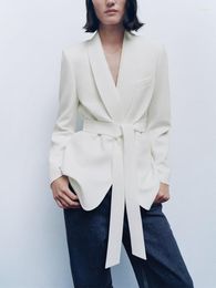 Women's Suits RAFZNB Spring 2023 Women White Slim Blazer With Belt Long Sleeve Fashion Temperament Suit Jacket Female Streetwear Tops