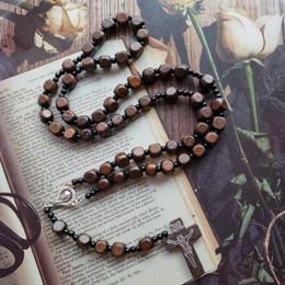 Pendant Necklaces Diyalo Handmade Square Wood Beaded Chain Rosary Necklace Virgin Mary Medal Cross Crucifix Prayer Chaplet Jewellery