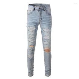Men's Jeans Mens Distressed Crystals Patchworks Hollow Out Stones Patches Light Blue Washed Slim Stretch Denim Size 28-40