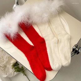 Women Socks Thermal Feather Winter Mid-Tube Warm Fluffy Mid-calf Christmas For Indoor Floor Home Slippers