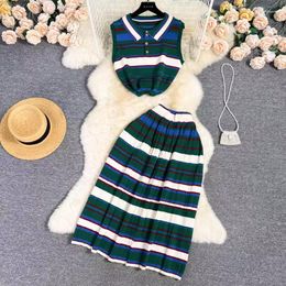 Work Dresses Korejepo Preppy Style Set Women's Summer Green Stripe Sleeveless Knitted Striped Shirt Top Long Skirts Fashion Casual Suits