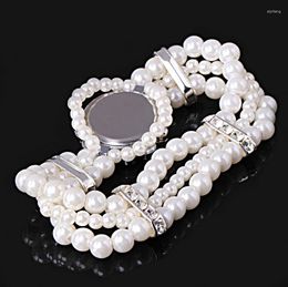 Bangle N58F Women's White Pearl String Strap Wrap Wrist Watch Crystal Accented Beads Style