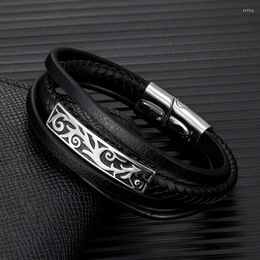 Charm Bracelets MKENDN Multi-layer Leather Wristband Vintage Carved Accessories Men's Bracelet Stainless Steel Viking Jewellery