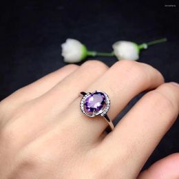 Cluster Rings Natural Amethyst Elegant Surround Round Ring S925 Silver Purple Crystal Women's Party Gift Fine Jewelry