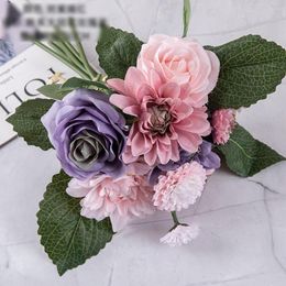 Decorative Flowers Artificial Retro Rose Bouquet Fake Hydrangea Peony Bride Holding Flower Wedding Home Decoration Accessories