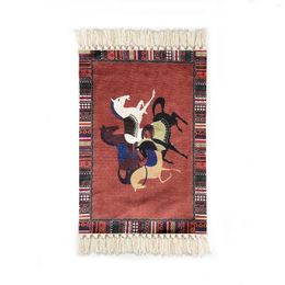 Carpets Red Horses Ethnic Style Hand Knotted Tassel Polyester Cotton Feel Carpet Floor Mat Living Room Decoration