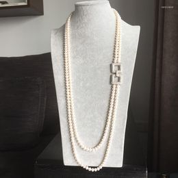 Chains 2ROWS 33-36" Sweater Chain Lengthening 925 Sterling Ms. Permanent Natural 7-8MM Taihu Freshwater Pearl Necklace Nearly Round