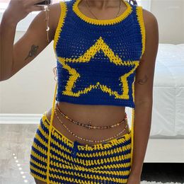 Work Dresses Chic Knitted Two Piece Set Dress Women Summer Stars Ribbon Lace Up Tank Crop Top Striped Mini Skirts Casual Outfits Suits