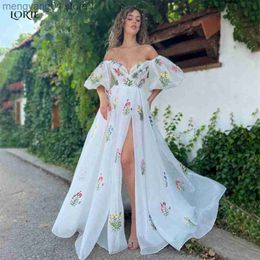 Party Dresses Colorful Lace Formal Prom Dresses Off Shoulder Appliques Side Slit A-Line Graduation Gowns Puff Sleeves Homecoming Dress T230502