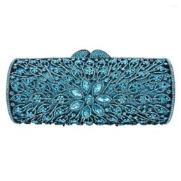Evening Bags Luxury Crystal Design Peacock Blue Clutch Cylinder Purse Wedding Bridal Handbags SC924