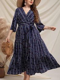 Dresses 2022 Summer Dress Plus Size Women V Neck Three Quarter Sleeve Striped Print Casual Dress Belted High Waist Maxi Long Dresses