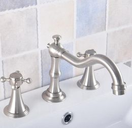 Bathroom Sink Faucets Brushed Nickel Brass Deck Mounted Dual Handles Widespread 3 Holes Basin Faucet Mixer Water Taps Mnf687