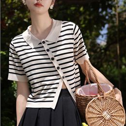 Women's Polos Woman 2023 Summer Fashion Lapel Single Breasted Polo Shirts Female Knitted Short-Sleeved T-shirt Ladies Striped Crop Tops A57