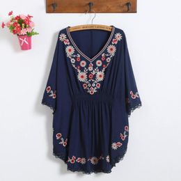 Women's Blouses & Shirts Black Blue Floral Embroidery Mexican Blouse Summer Batwing Sleeve Vintage Hippie Ethnic Print Women Tops Loose Femm