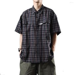 Men's Casual Shirts Summer Japanese Retro Citboy Plaid Short Sleeve For Men Loose Oversize Cargo Male Vintage Blouses
