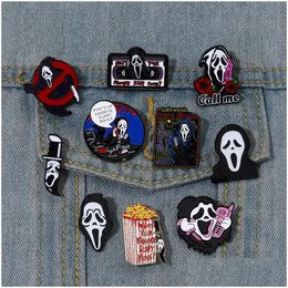 Cartoon Accessories Call Me Enamel Pins Whats Your Favorite Scary Movie Custom Brooches Lapel Badges Gothic Punk Skeleton Jewelry Gi Dhfnj