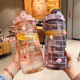 Mugs 2L Water Bottle With Straw Large Capacity Cute Drinking Sports Water Bottle Time Marker Girls Water Jug Drinkware Outdoor Cup Z0420