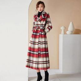 Fur Fashionable Temperament Red Plaid Woollen Women's Coat 2022 New Suit Collar Slim Ladies Thickened Warm Coat Over The Knee Commute