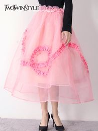 Dresses TWOTWINSTYLE Ruffle Trim Sweet Pink Skirt For Women High Waist Loose Soldi Midi Skirts Female Fashion Clothing Style New 2022