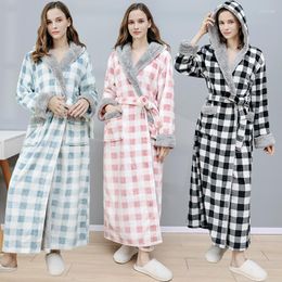 Women's Sleepwear Women Thick Warm Flannel Bathrobe Extra Long Kimono Coral Fleece Bath Robe Plus Size Sleeve Men Hooded Plaid