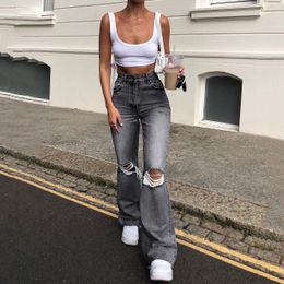 Jeans Cutistation Ripped Denim Jeans Woman Summer High Waist Full Length Flare Pants Wide Leg Y2k Trousers Plus Size Women Clothing