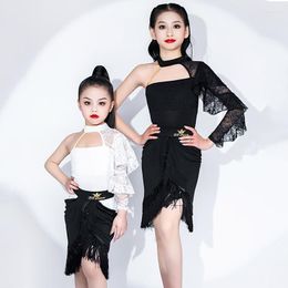 Stage Wear Children'S Latin Dance Clothes Single Lace Sleeve Top Fringes Skirts For Girls Competition Costume SL7989