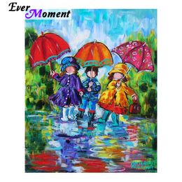 Stitch Ever Moment Diamond Painting Children with Umbrella in Rain Colourful Picture DIY 5D Diamond Embroidery Portrait Full ASF874