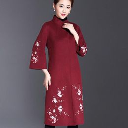 Women's Wool & Blends Plus Size 5XL 2023 Winter Middle-Aged Women Blend Embroidery Coat Cashmere Stand Collar Woollen CoatWomen's